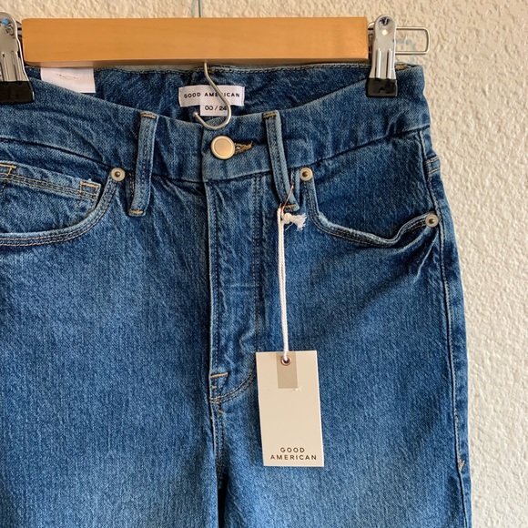 Good American Good Classic Medium Wash High Waist Raw Hem Cutoff Jeans Women’s - Picture 3 of 6